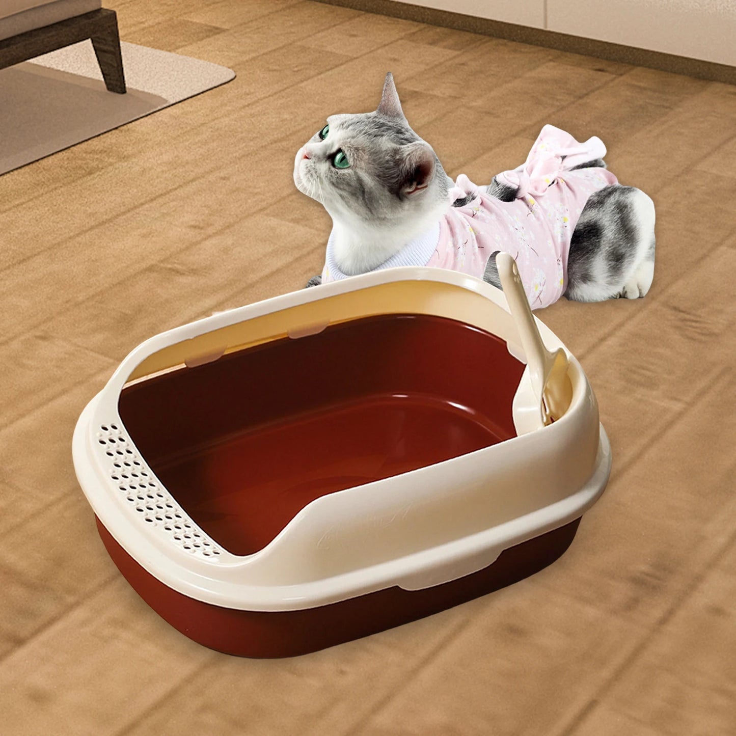 Semi Enclosed Cat Litter Box with Spoon