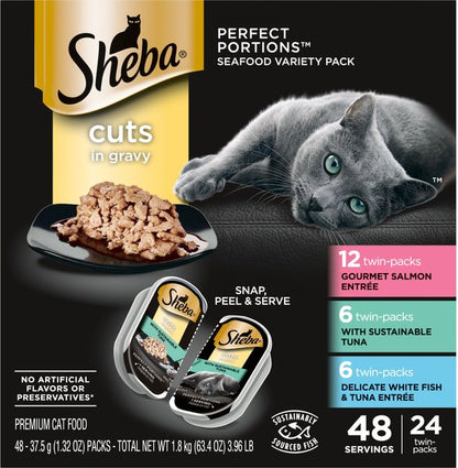 Sheba Perfect Portions Grain-Free Gourmet Salmon, Sustainable Tuna & Delicate Whitefish & Tuna Cuts in Gravy Variety Pack Adult Wet Cat Food Trays