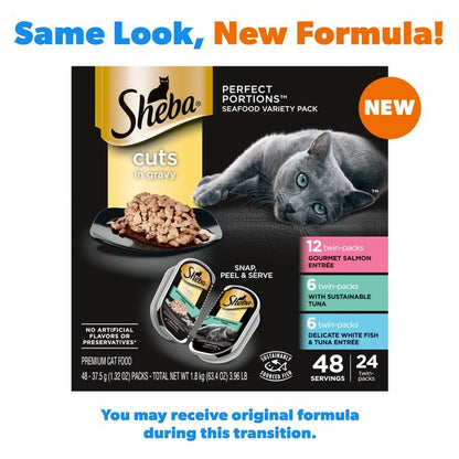 Sheba Perfect Portions Grain-Free Gourmet Salmon, Sustainable Tuna & Delicate Whitefish & Tuna Cuts in Gravy Variety Pack Adult Wet Cat Food Trays