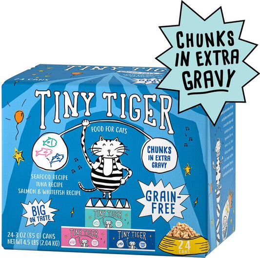 Tiny Tiger Chunks in EXTRA Gravy Seafood Recipes Variety Pack Grain-Free Canned Cat Food