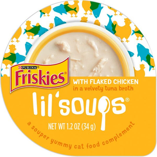 Friskies Lil' Soups with Flaked Chicken in a Velvety Tuna Broth Lickable Cat Food Topper
