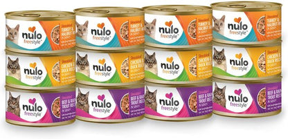 Nulo Freestyle Shredded Chicken & Duck, Shredded Beef & Rainbow Trout, Shredded Turkey & Halibut Grain-Free Variety Pack Canned Cat Food, 3-oz can, case of 12