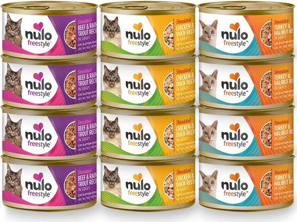 Nulo Freestyle Shredded Chicken & Duck, Shredded Beef & Rainbow Trout, Shredded Turkey & Halibut Grain-Free Variety Pack Canned Cat Food, 3-oz can, case of 12