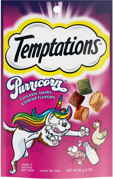 Temptations MixUps Purricorn Chicken Dairy & Shrimp Flavors Crunchy & Soft Cat Treats, 3-oz bag