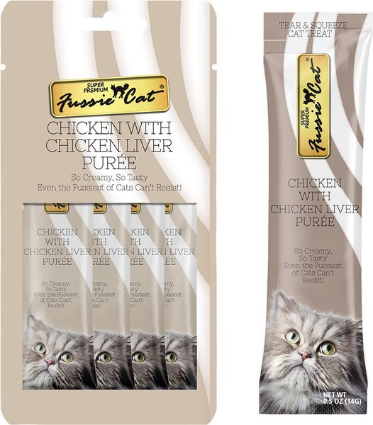 Fussie Cat Chicken & Liver Puree Lickable Cat Treats, 2-oz pouch