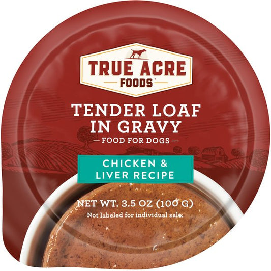 True Acre Foods Chicken & Liver Recipe Tender Loaf in Gravy, Wet Dog Food, 3.5-oz cup, case of 12