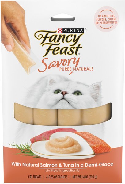 Fancy Feast Savory Puree Naturals Salmon & Tuna Flavored in a Demi-Glace Squeezable Lickable Adult Cat Treats, 0.35-oz tube