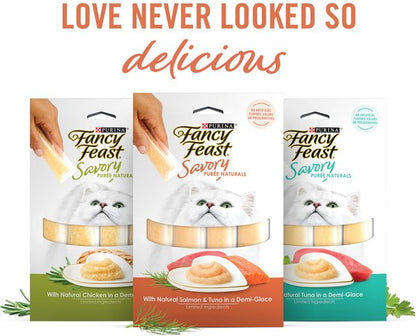 Fancy Feast Savory Puree Naturals Salmon & Tuna Flavored in a Demi-Glace Squeezable Lickable Adult Cat Treats, 0.35-oz tube