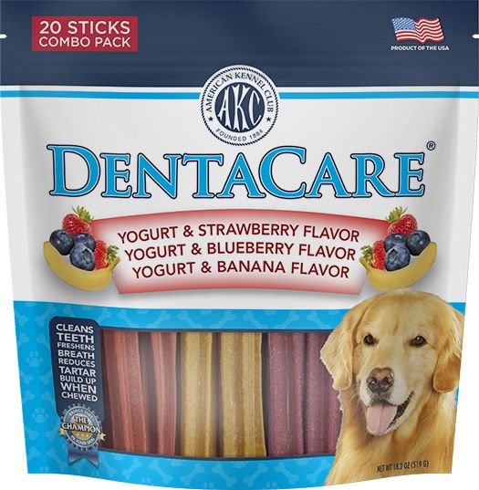 American Kennel Club AKC Dentacare Yogurt with Strawberry Blueberry & Banana Flavor Dental Dog Treats Combo, Large, 20 count