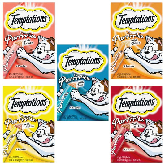 Bundle: Variety Pack - Temptations Creamy Puree with Tuna Lickable Cat Treats, Salmon, Chicken, Cheese & Beef Favors