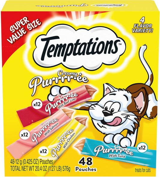 Temptations Creamy Puree Variety Pack Lickable Cat Treats, 12-g pouch, pack of 48