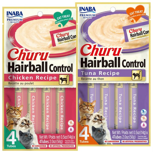 Bundle: Inaba Churu Tuna Creamy Puree + Hairball Control Chicken Recipe Lickable Cat Treats