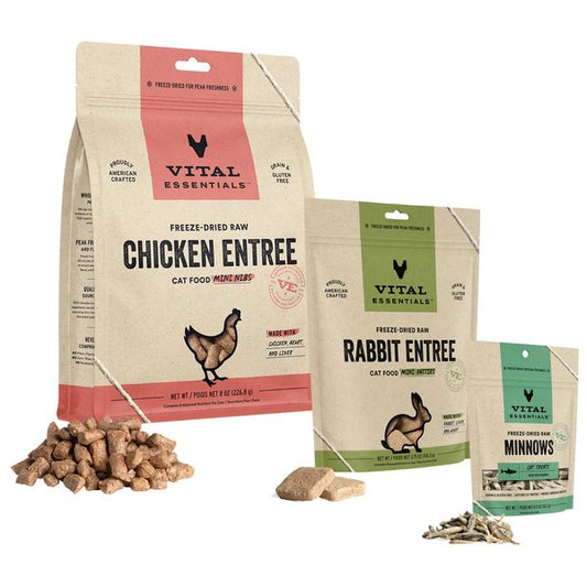 Bundle: Branded Pack - Vital Essentials Minnows Treats, Chicken Freeze-Dried Food, Rabbit Patties Cat Food
